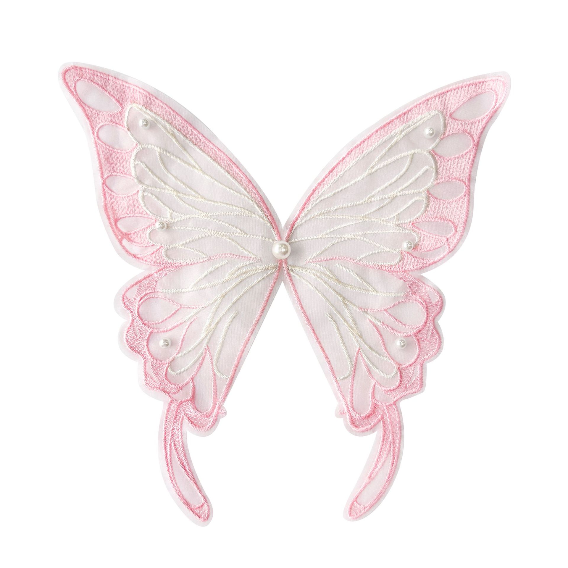 En stock, bordado de organza, colorida mariposa de perlas tridimensional, horquilla no adhesiva, accesorio para el cabello para ropa infantil, decoración de parches de tela