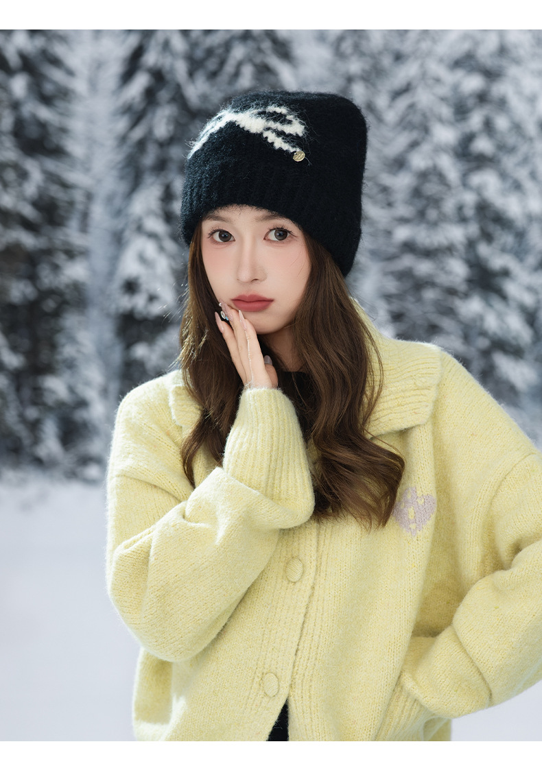 Swee Cue Bow Jacquard Knied Beanie Auumn Winer Lierary Versaile Large Head Circumference Wool Cold-proof Warm_voghion.com