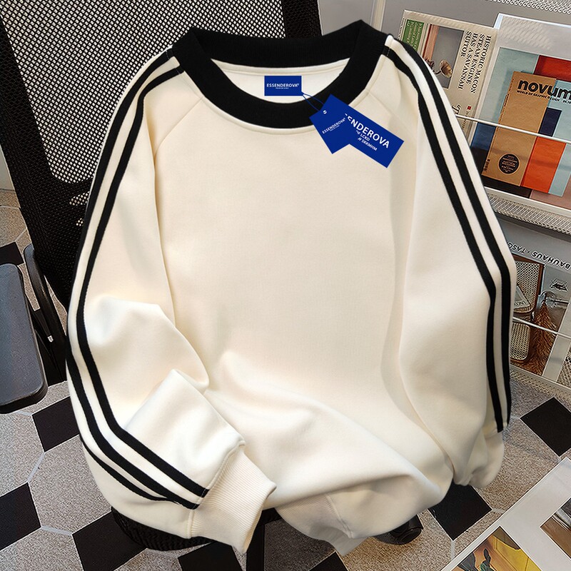 2025 American Korean Style Simple Three-Stripe Round Neck Sweatshirt for Women Autumn and Winter Vibe Niche Apricot Personalized Simple Top