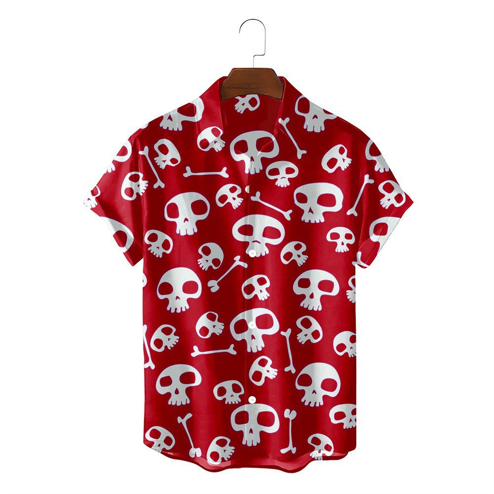 Camisa de Halloween de bala de cuatro lados de calavera digital de venta caliente para hombres con estampado transfronterizo de cuatro lados Halloween suelto casual