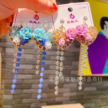 水晶花朵爱心手工复古流苏夸张耳环气质日韩长款多巴胺个性耳坠