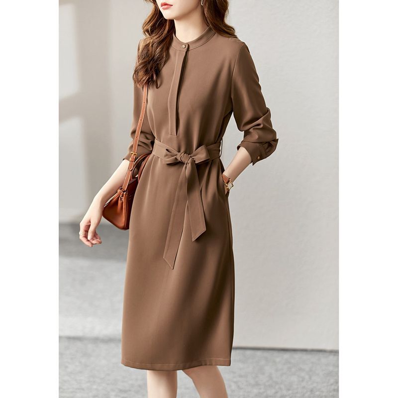 High-end temperament early Spring and Autumn New Stand Collar lantern sleeve mid-length straight skirt elegant commuter waist dress High-end temperament early Spring and Autumn New Stand Collar lantern sleeve mid-length straight skirt elegant commuter waist dress