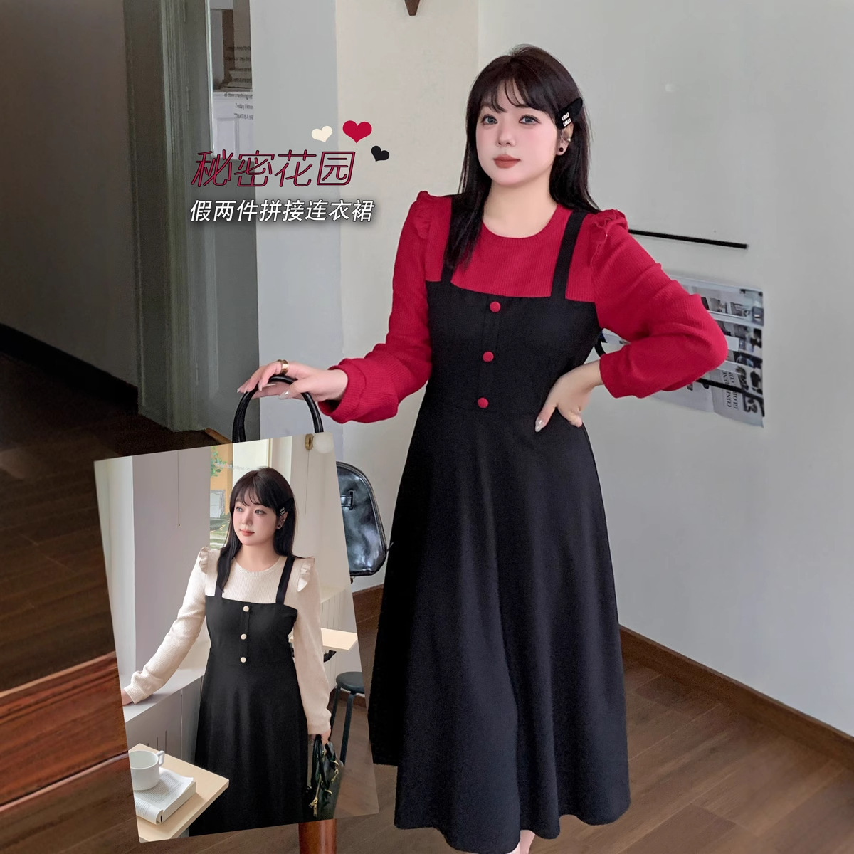 k2890大码女装假两件拼接连衣裙飞边长裙微胖女孩衣服小A版连衣裙