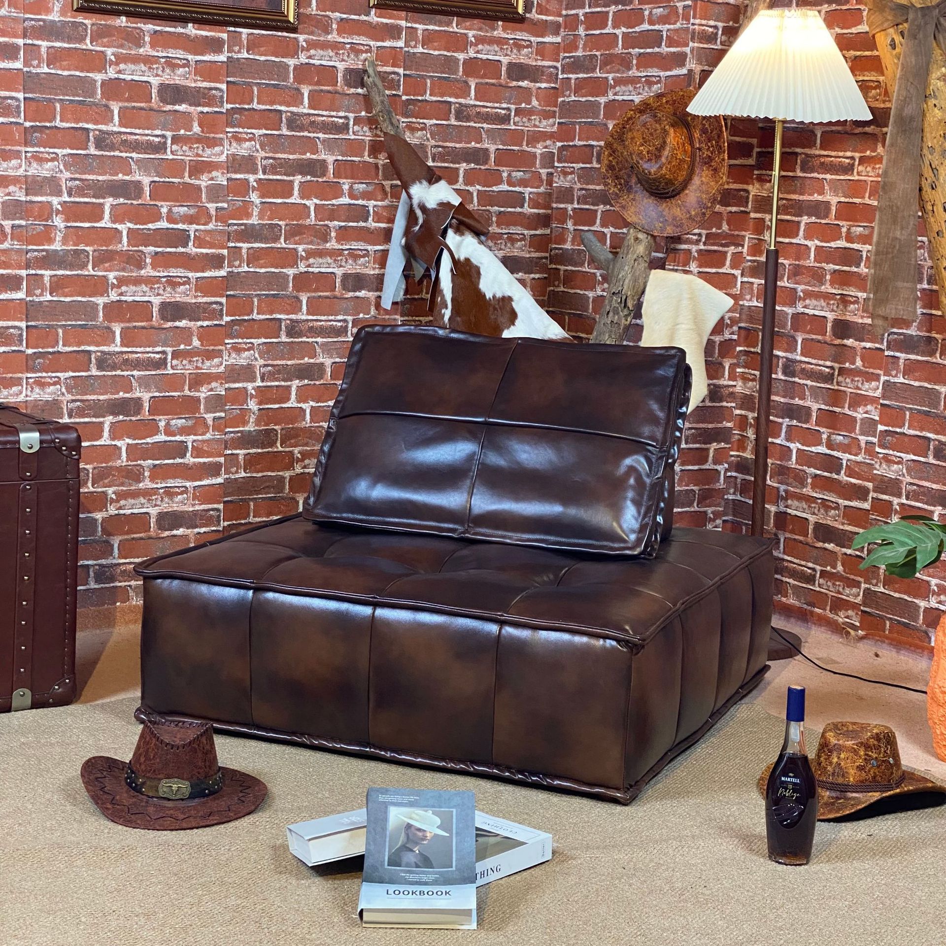 American Retro Leather Sofa Furniture Living Room Small Apartment Mid-Century Style Piedmont Sofa Tofu Block Sofa