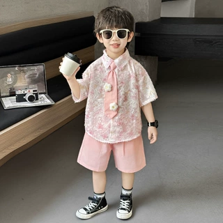 男童套装粉色花衬衫夏装2026新款儿童衬衣两件套中小童六一演出服