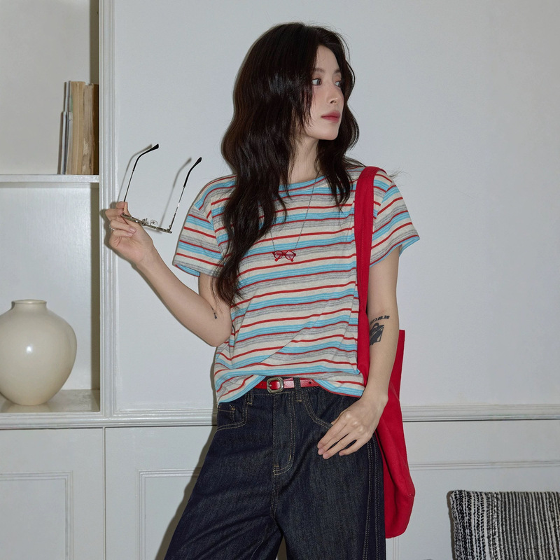 Dopamine Color Striped T-Shirt for Women 2026 Summer New High-End Round Neck Slim-Fit Short-Sleeve Top