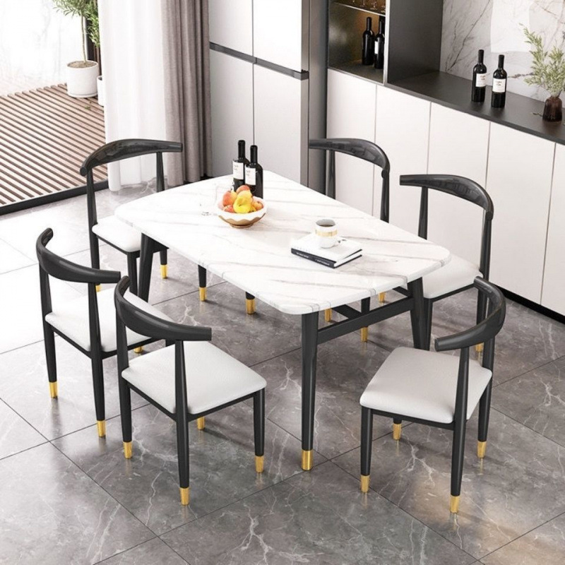 Combinación de mesa y silla de comedor de piedra de imitación de lujo ligero, mesa de comedor para el hogar, mesa de comedor rectangular de restaurante de pequeño apartamento moderno y simple