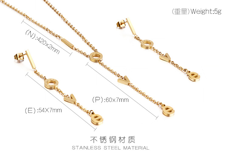 Korean fashion necklace earrings two-piece letter LOVE ladies stainless steel jewelry set