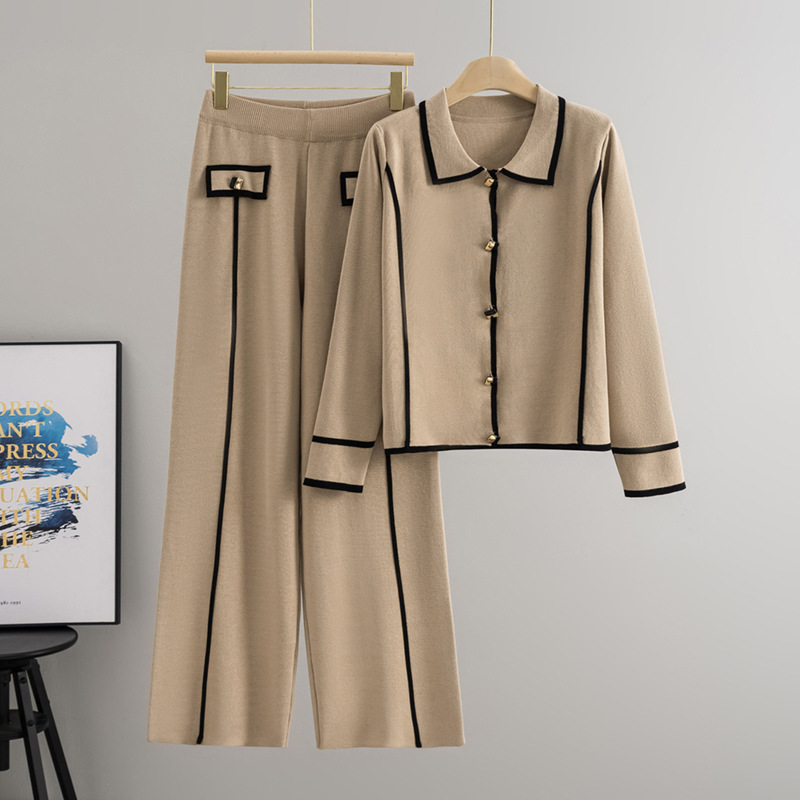 Cross-Border European and American High-End Fashion Lapel-Style Elegant Knit Set for Women, Spring and Autumn Sweater Cardigan and Wide-Leg Pants Two-Piece Set