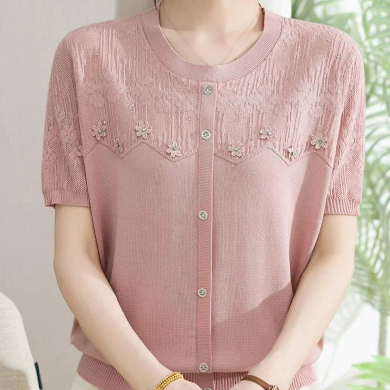 2026 New Style Round Neck Short-Sleeved Knitted Cardigan for Women, Summer Thin Ice Silk Top, Loose and Stylish Blouse for Moms 2026 New Style Round Neck Short-Sleeved Knitted Cardigan for Women, Summer Thin Ice Silk Top, Loose and Stylish Blouse for Moms