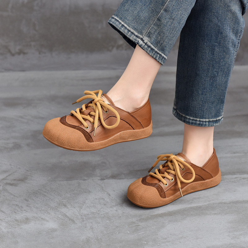 2026 Fall New Lace-Up Casual Women's Shoes, Soft Sole Flat Heel Retro Single Shoes, Top Layer Cowhide Ugly-Cute German Training Shoes