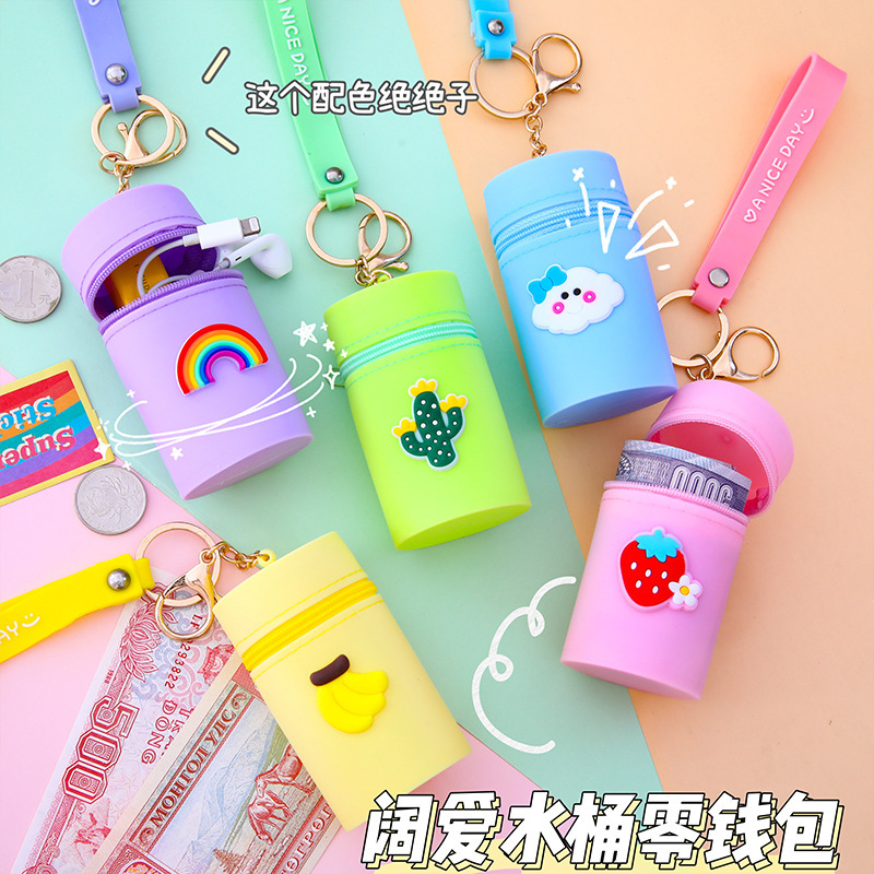 Cartoon Cute Bucket Bag Portable Bucket Coin Purse Silicone Coin Bag Headphone Cosmetics Bag Pendant Keychain