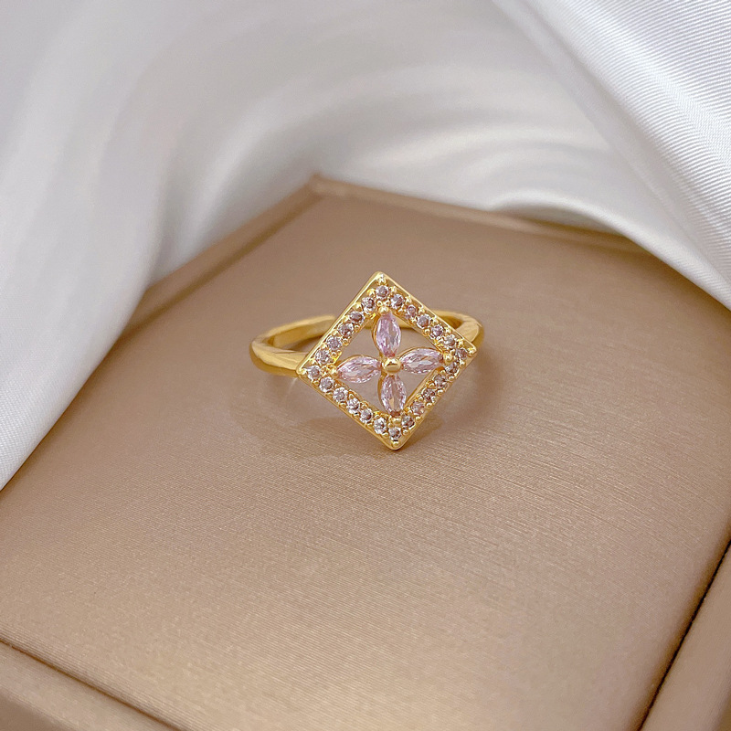 Anello quadrato leggero di lusso con fiore, apertura regolabile, gioiello semplice giapponese, anello per coppie_voghion.com