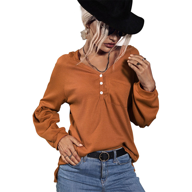 Solid Color Pocket Button Hooded Sweater Pullover_voghion.com