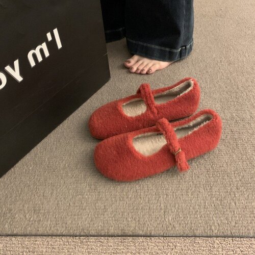 Retro Forest System Plush Velvet Single Strap Women's Autumn/Winter New French Slip-On Mary Jane Shoes Lamb Wool Shoes
