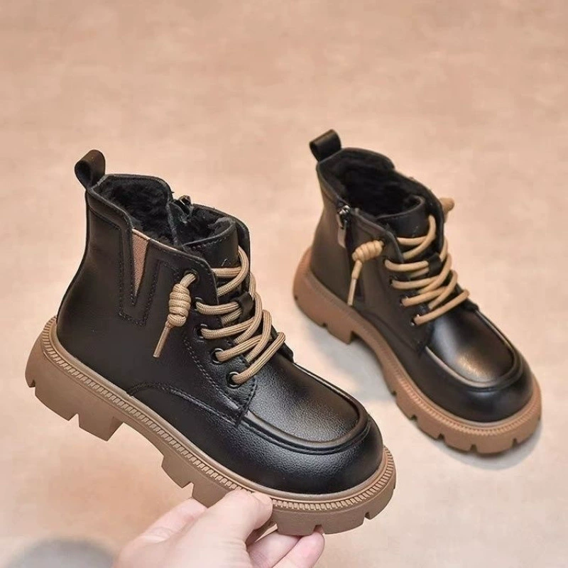 Детские ботинки с мехом Martens, низкие сапоги, демисезонная теплая обувь для мальчиков