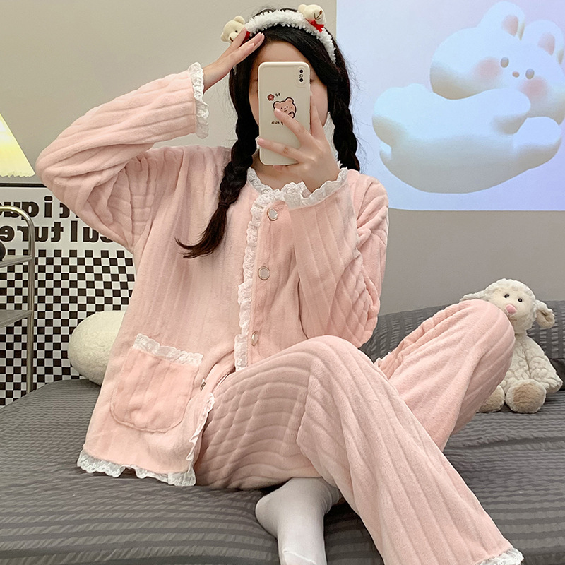 Pijamas de lana de coral con cuello de muñeca dulce francés para mujer más terciopelo engrosado ropa de hogar de franela de invierno traje de gran tamaño invierno