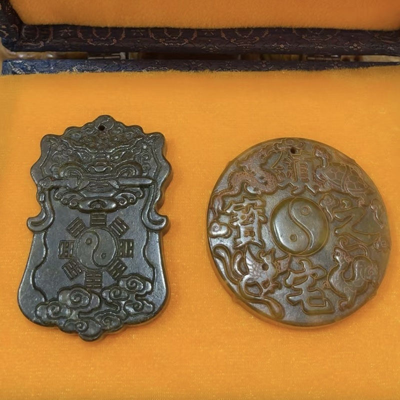 直播供货仿古做旧工艺品岫玉做旧 古风配饰 福字吉祥套盒玉牌批发|undefined