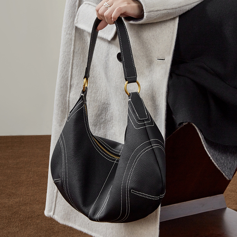 Designer Large Capacity Top Layer Cowhide Underarm Genuine Leather Lazy Style Designer Dumpling Handbag Fashion Casual Horn Bag_voghion.com