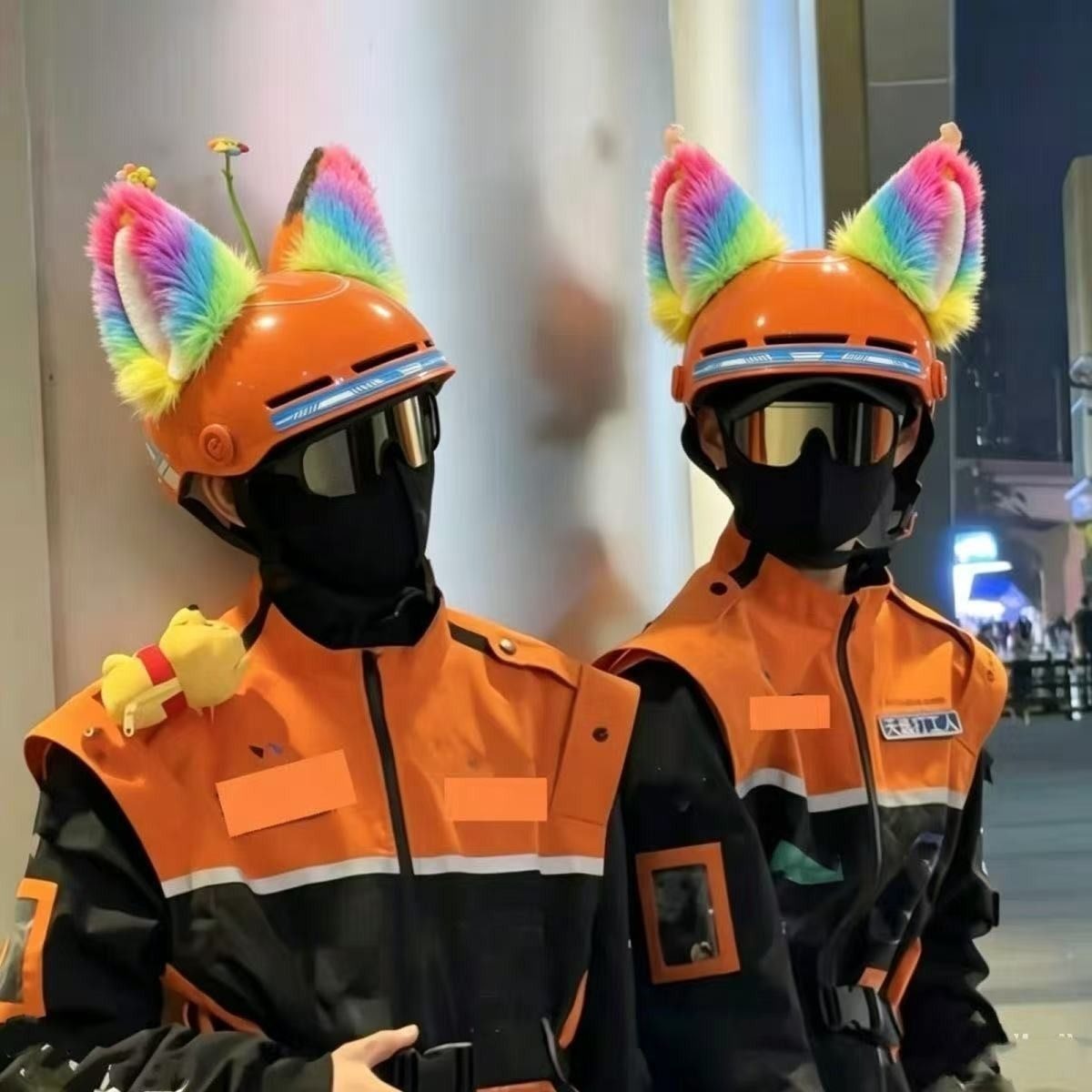 New helmet decoration with colorful ears, motorcycle and electric vehicle delivery stickers, cute ski Meituan dolls