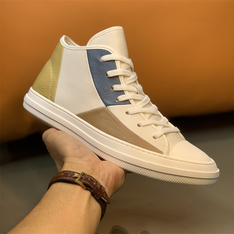 Factory direct supply leather high-top shoes men's trend in helping casual shoes British style board shoes color matching a generation of delivery