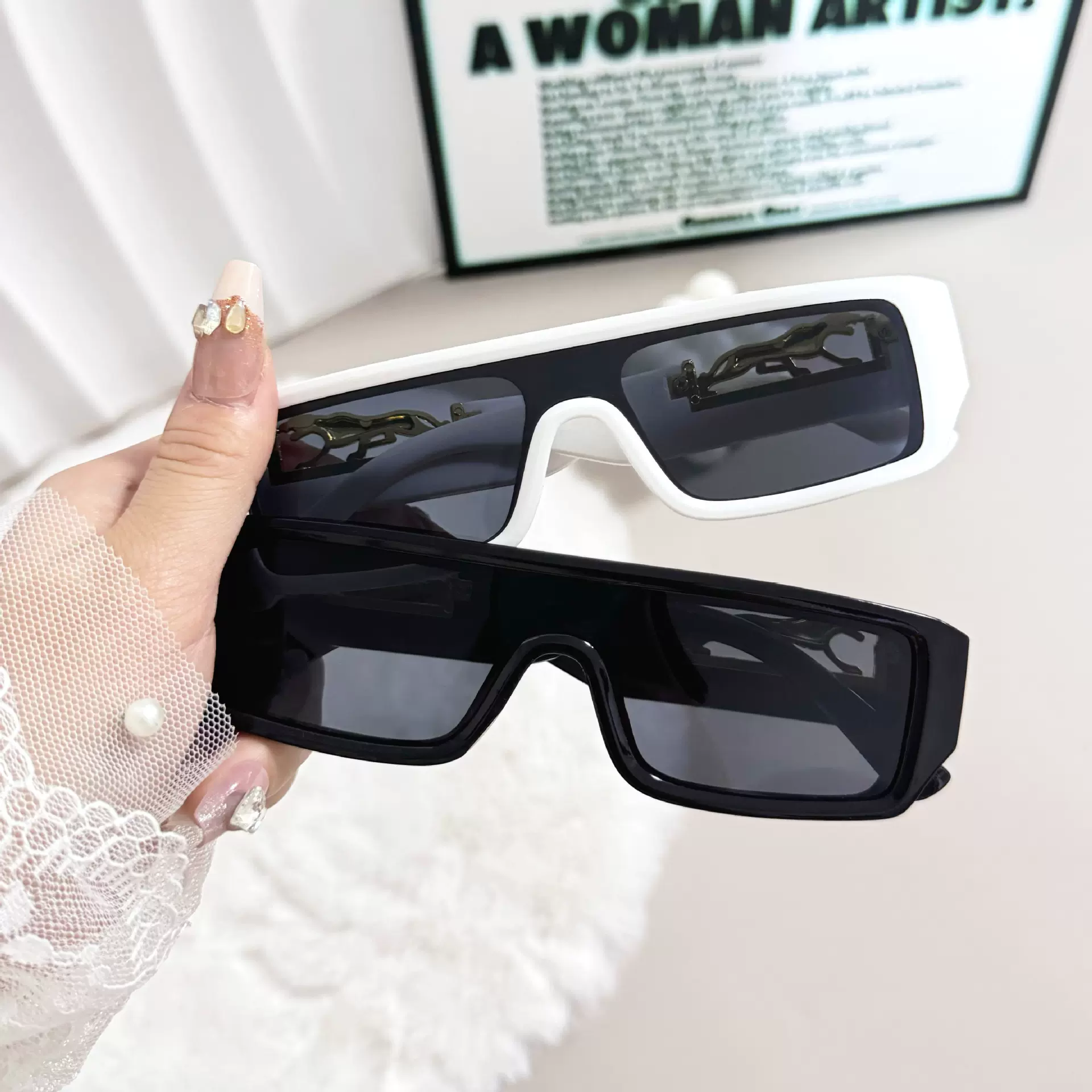 复古跨境欧美方形小框个性潮流豹子装饰防紫外线连体墨镜太阳镜