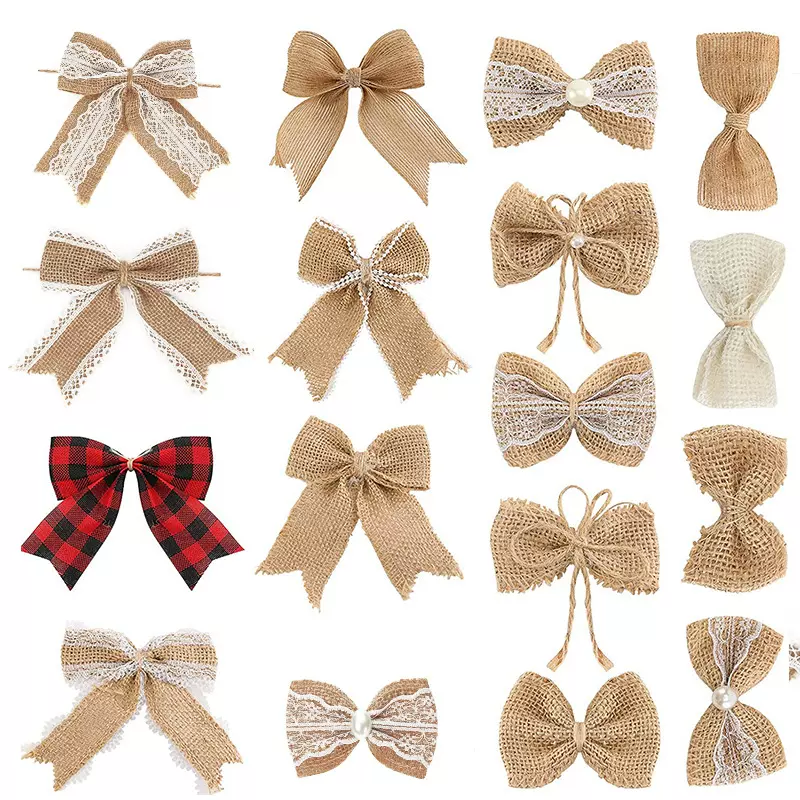 麻绳麻布蕾丝蝴蝶结圣诞节花环礼品包装饰手工黄麻亚麻燕尾蝴蝶结