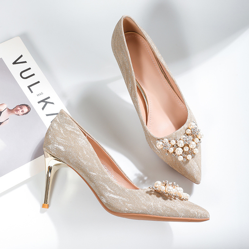 133-2 French High-heeled Sheepskin Single-layer Shoes Women's Pointed High-heeled Pearl Wedding Shoes Women's Banquet Shoes 34-43 Large Size Shoes