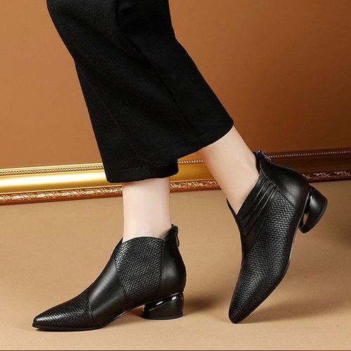 Women's Fashion Thick Heel Zipper Pointed Toe Insulated Soft Leather Short Boots with Mother High Heels
