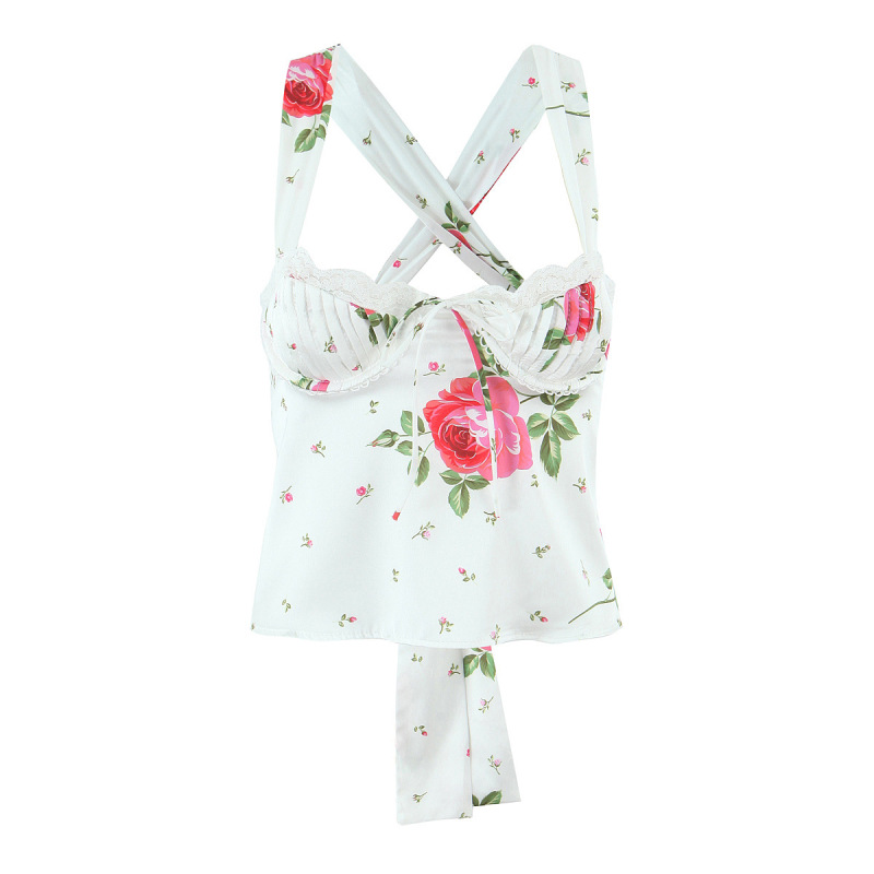 High-End Satin Fashion Rose Print Camisole Tube Top Pleated Lace Splicing Camisole Cross Strap Short Top