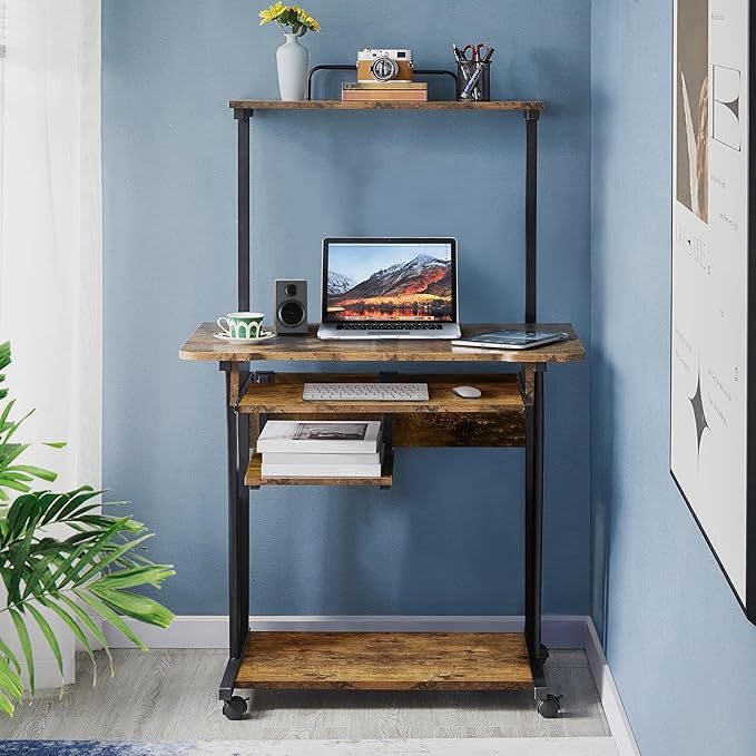 3 layer rolling computer desk with keyboard tray and printer rack for home office mobile computer desk 3 layer rolling computer desk with keyboard tray and printer rack for home office mobile computer desk