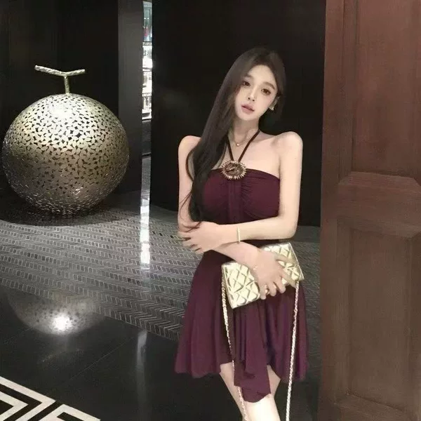 Purple Heavy-Duty Halterneck Strapless Tube Top Dress for Women Summer French Socialite Elegant Pleated Waist Slimming Skirt