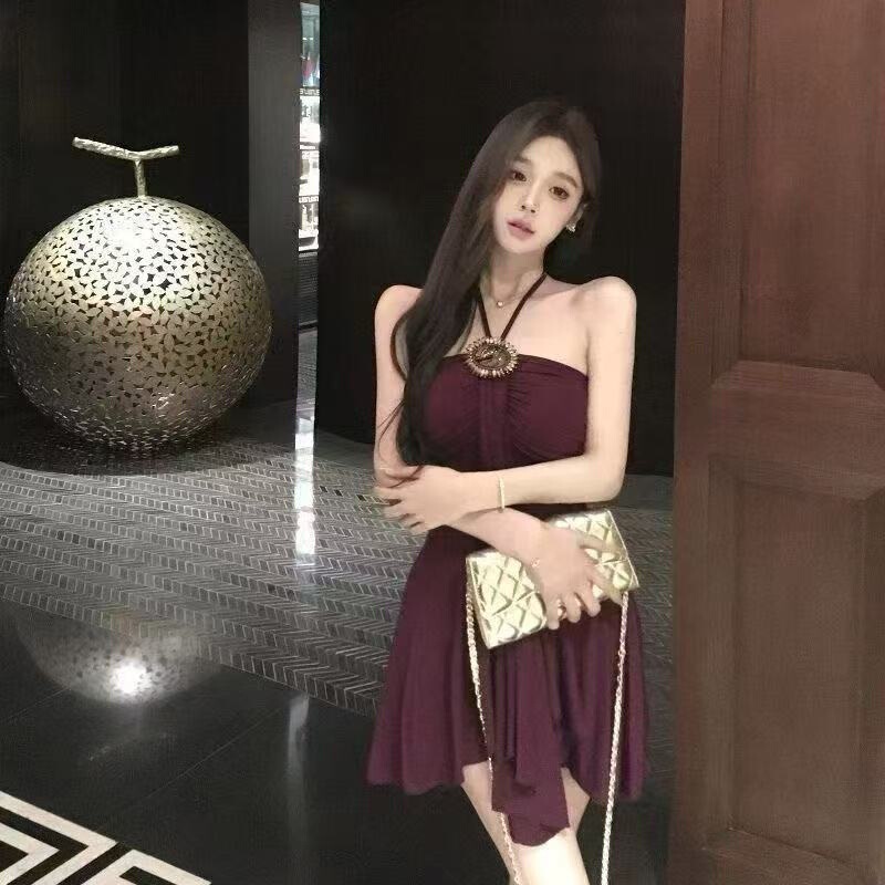 Purple Heavy-Duty Halterneck Strapless Tube Top Dress for Women Summer French Socialite Elegant Pleated Waist Slimming Skirt Purple Heavy-Duty Halterneck Strapless Tube Top Dress for Women Summer French Socialite Elegant Pleated Waist Slimming Skirt