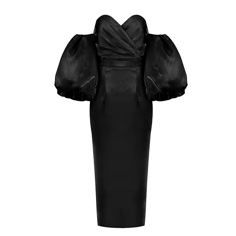 11110 European and American Sexy Chest-Wrapped Backless Slim Dress Bright Satin Lantern Sleeve Party Host Dress