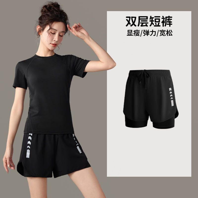 跑步运动套装女夏季速干冰丝t恤瑜伽服大码短袖晨跑健身衣服高弹|undefined