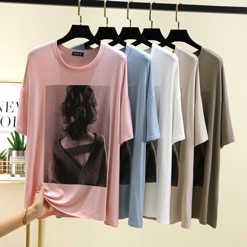 Modal 2025 Summer Women's Portrait Print Loose Large Version Casual Versatile Short-Sleeved T-Shirt Top Multi-Color