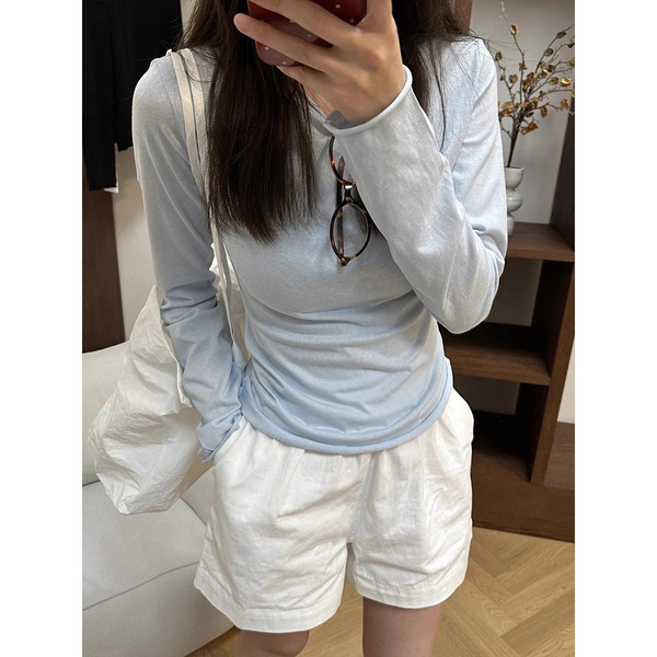 Spring summer fitted thin base long-sleeve with a round collar