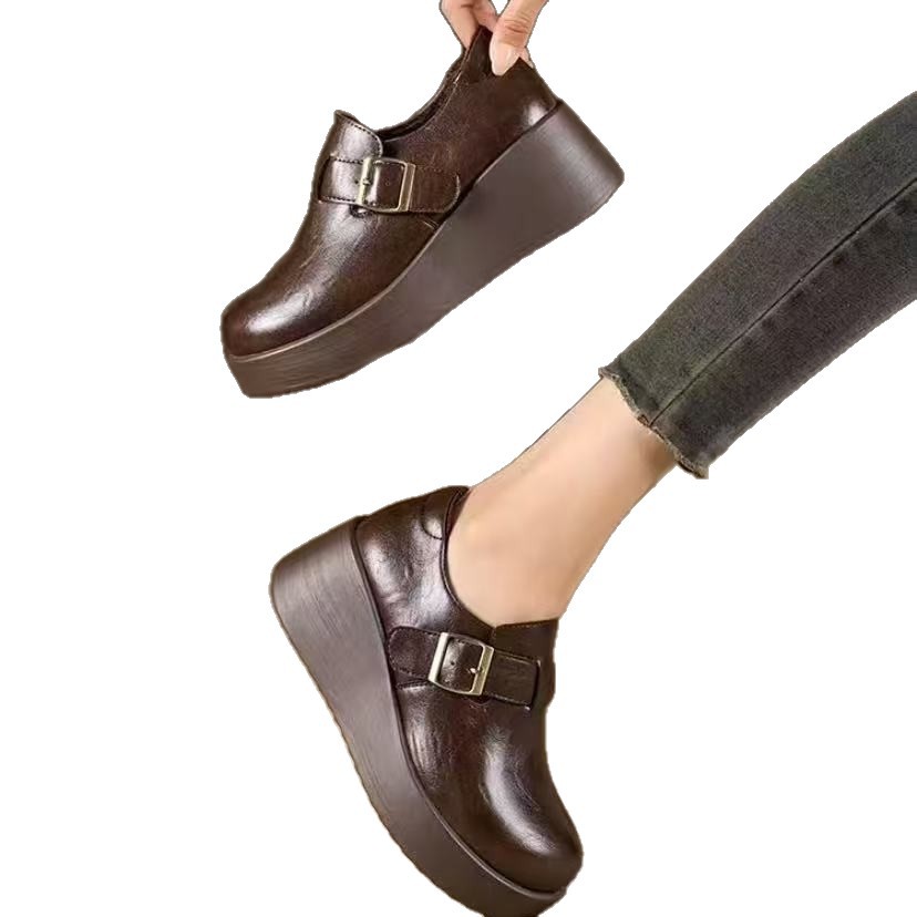 2026 Spring New Korean Style Loafers With Round Toe And Buckle Strap, Genuine Soft Leather Thick-Soled Height-Increasing_vogvips.com