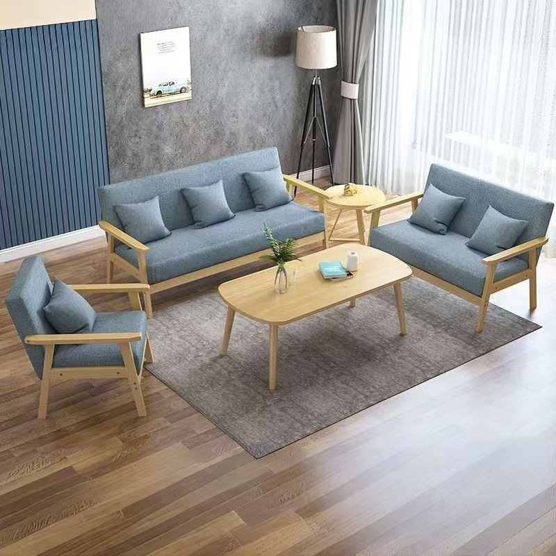 Solid Wood Sofa Coffee Table Set for Home Living Room Rental House Fabric Single Double Three-Person Small Sofa Chair Small Apartment Clearance