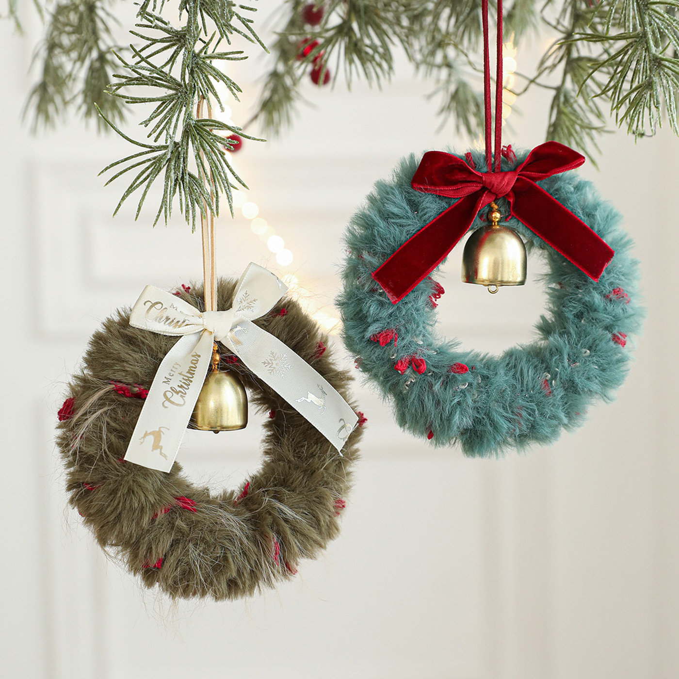 Nuevo peluche Navidad atmósfera colgante de guirlandas arco de cinta campana decoración navideña colgar ventanas accesorios