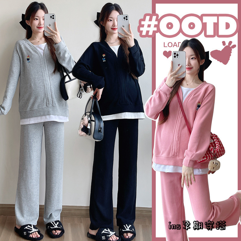 Maternity Wear Autumn and Winter 2026 New Fashion Trendy Sports Casual Suit Internet Celebrity Fleece-Lined Maternity Suit Two-Piece Set Maternity Wear Autumn and Winter 2026 New Fashion Trendy Sports Casual Suit Internet Celebrity Fleece-Lined Maternity Suit Two-Piece Set