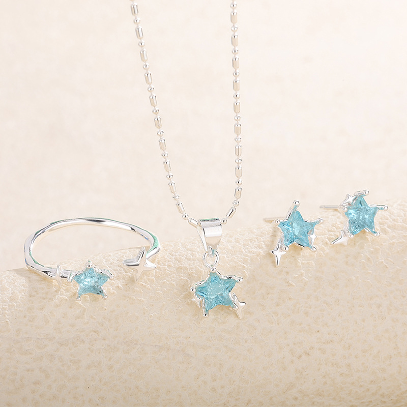 S999足银蓝色星星项链夏季女轻奢高级感锆石五角星戒指女星星耳钉