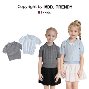 Mdd Girls' Knitted Knitwear 2025 Summer New Miu Style Korean Style Short-Sleeved Lapel Lace Knitted Knitwear