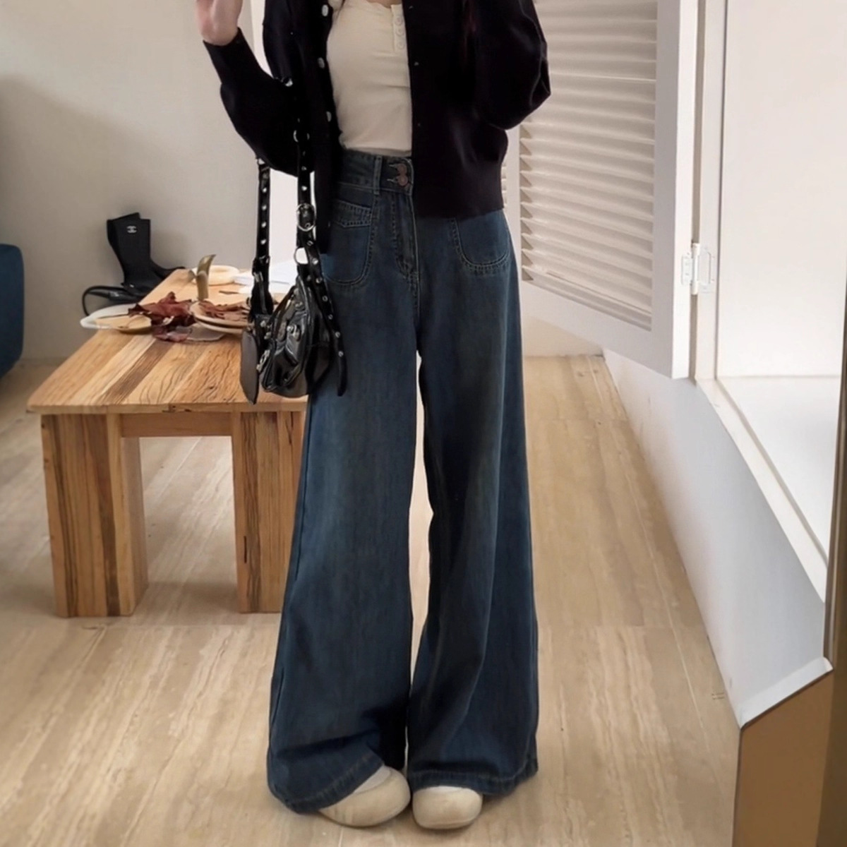 阔腿拖地慵懒牛仔裤女阔脚裤复古高腰大裤脚不贴腿长裤子