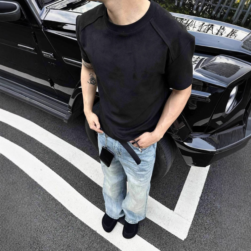 Vêtements pour hommes EME Style Old Money Solona Cool Couleur unie Coupe régulière aux épaules Manches déconstruites T-shirt court Boxy_voghion.com