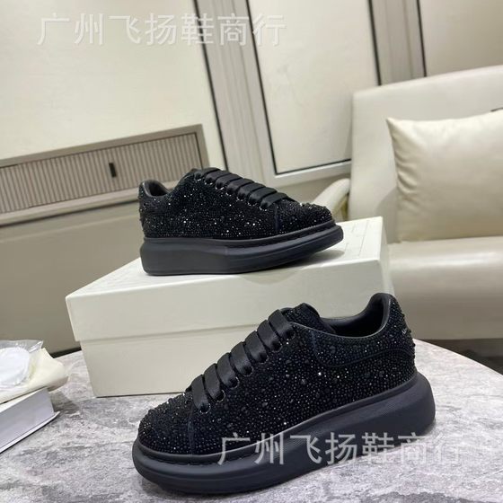 McQueen New Rhinestone White Shoes Women's European Station Platform Height Increasing Casual Lace-up Leather Sneakers Men's Trendy Shoes