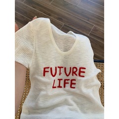 夏用女性用ホワイトUネックショルダー半袖セーター、小柄な人向けのゆったりとした薄いアイスシルクショートニットトップ