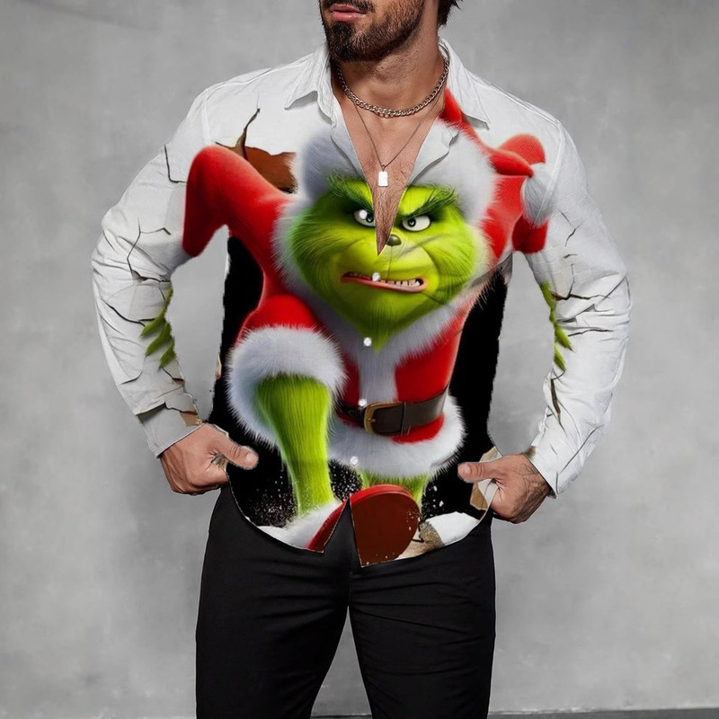 Stretch Bamboo European and American Export Cross-Border Men's Shirt Funny Grinch Christmas Green Fur 3D Digital Printing Lapel
