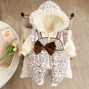 Baby down jacket winter jumpsuit newborn baby girl princess romper fleece-lined warm outing romper white duck down