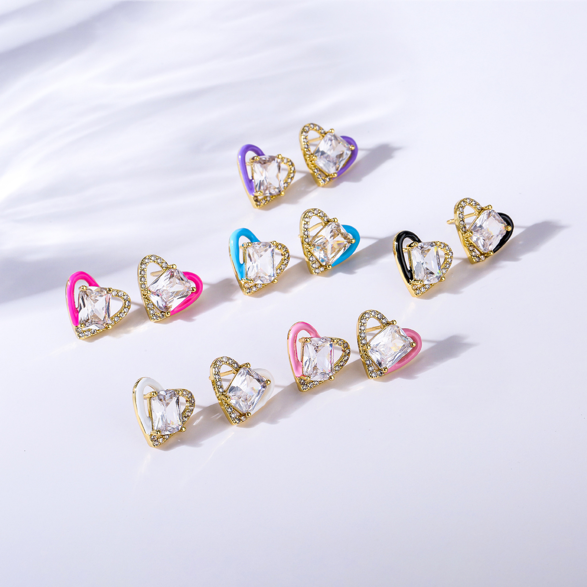 Fashion Heart Shape Copper Earrings Ear Studs Stoving Varnish Artificial Gemstones Copper Earrings